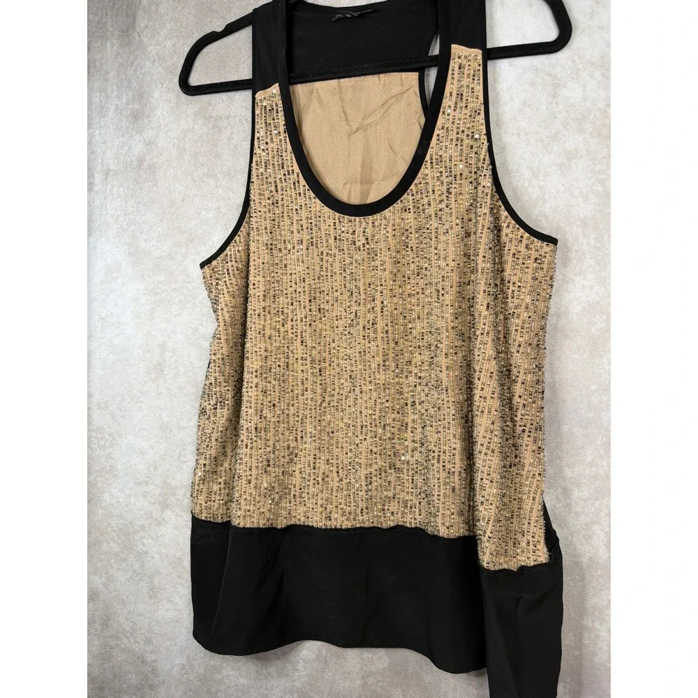 Eileen Fisher Tank Top Women Medium Black Gold Silk Sequined Racerback Shell - Picture 2 of 6